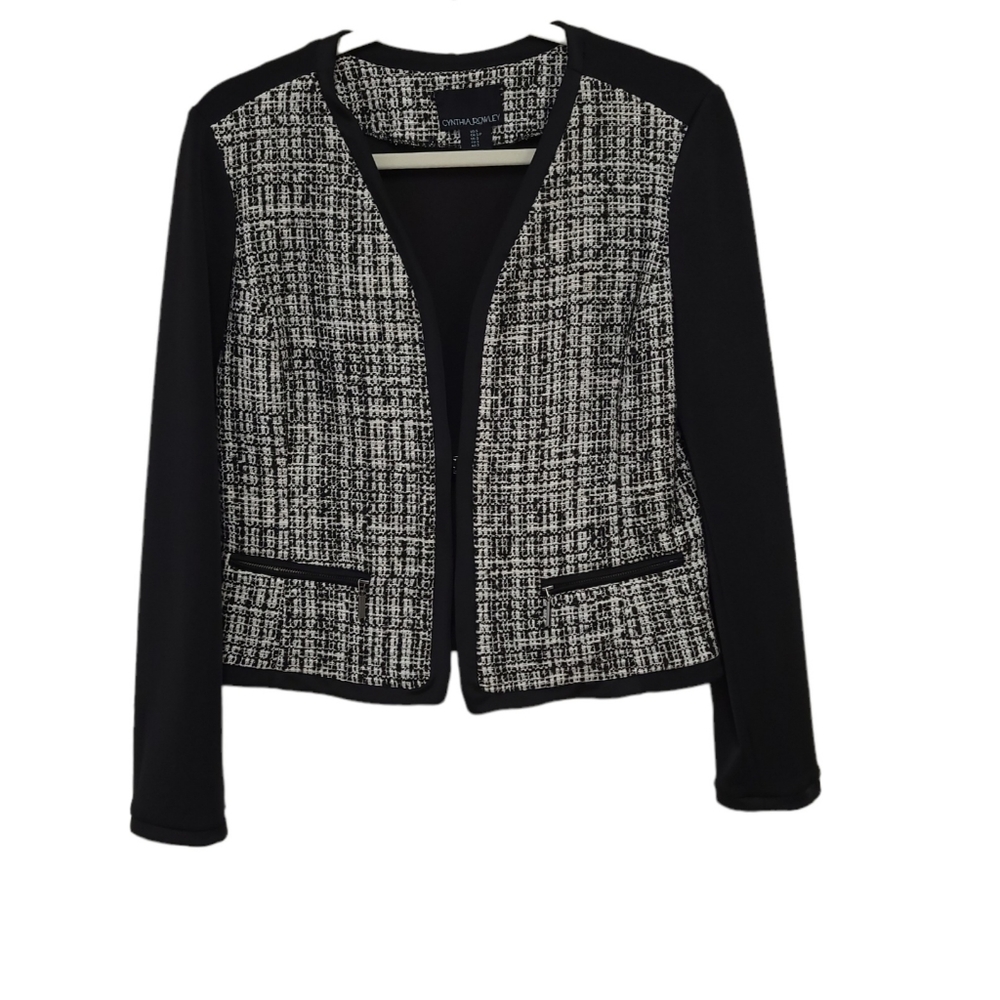 Cynthia Rowley long sleeve cropped collarless boxy blazer tweed jacket Small